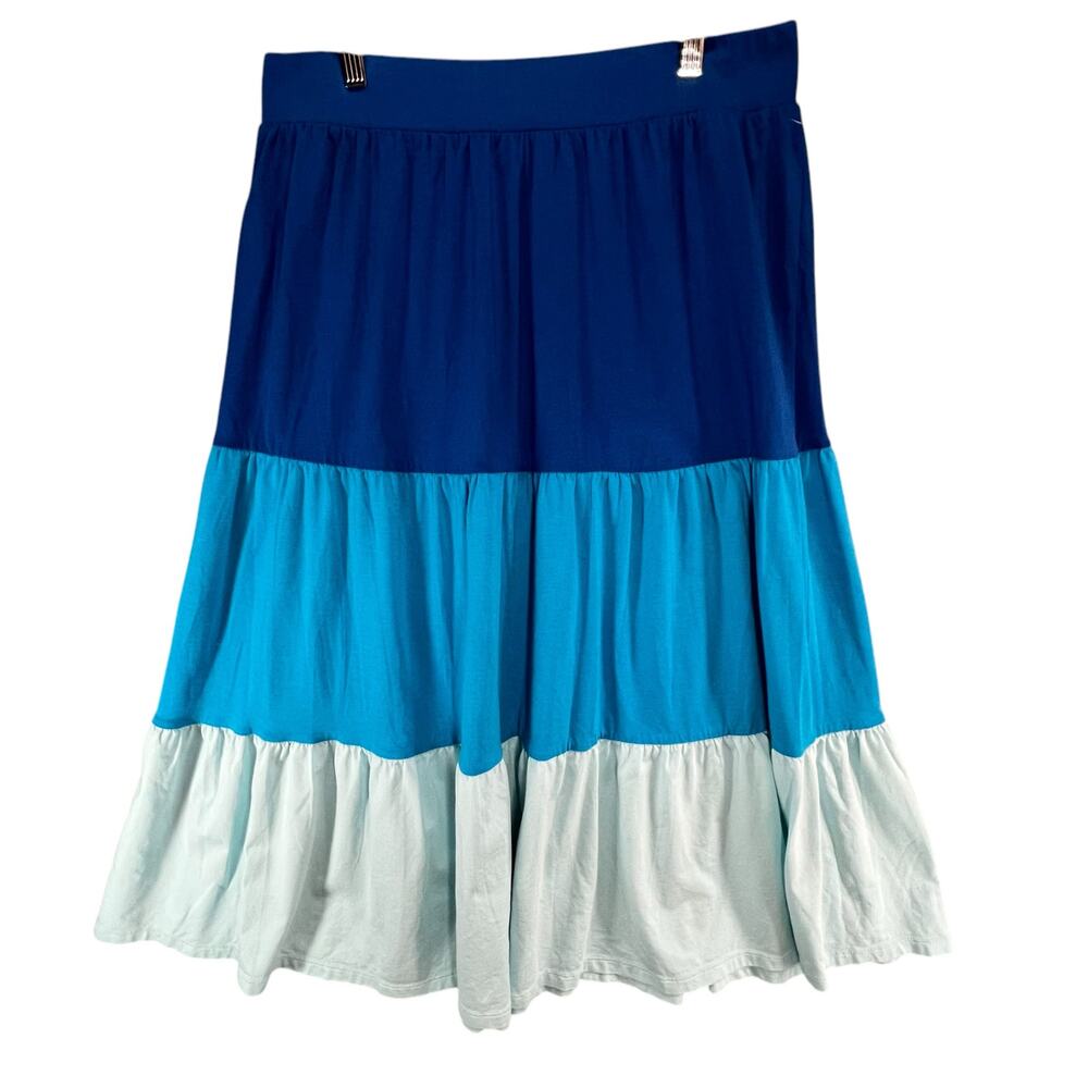 Lands End Midi Skirt Womens M Blue Colorblock Pull On Tiered‎ High Rise Coastal